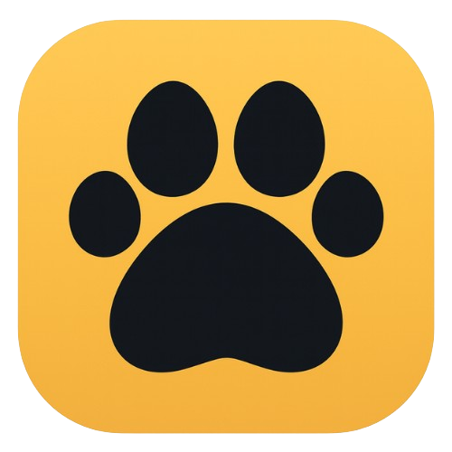 Logo Animals 360 amarillo y negro, una huella la pata de un perro