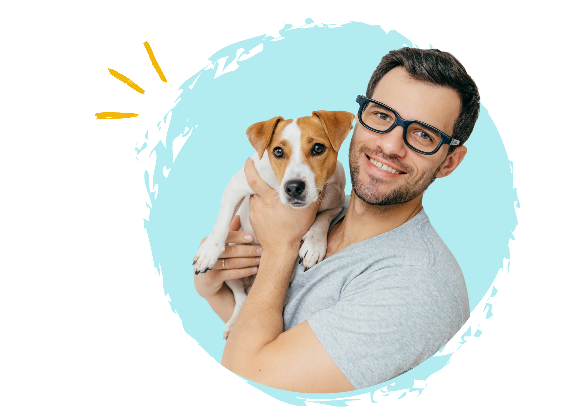 Hombre joven con gafas sostiene y abraza a su perro pequeño con expresión feliz, sobre un fondo azul con diseño gráfico decorativo.